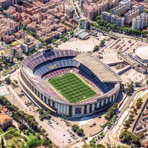 May 8, 2021 - Barcelona, Spain: Aerial view of Camp Nou,  the home stadium of famous FC Barcelona since its completion in 1957. With a seating capacity of 99,354, it is the largest stadium in Spain and Europe