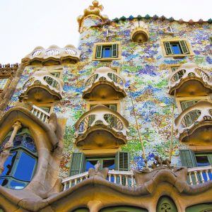 Barcelona, Spain - August 14, 2011: Balconies of Casa Batllo building in Barcelona in Spain. It is also called as House of Bones. It was designed by Antoni Gaudi, Spanish architect.
